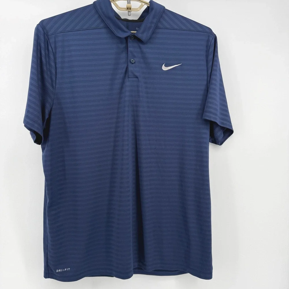 Nike Dri-FIT Polo Shirt Men XXL Navy Blue Striped SS Golf Top embroidered Swoosh